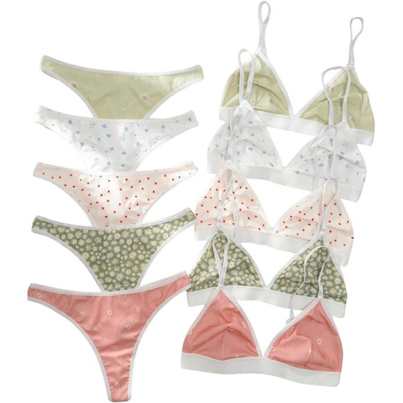 Women's 5 Sets Matching Bra and Panty Set Polka Dots Print Lingerie Set Triangle